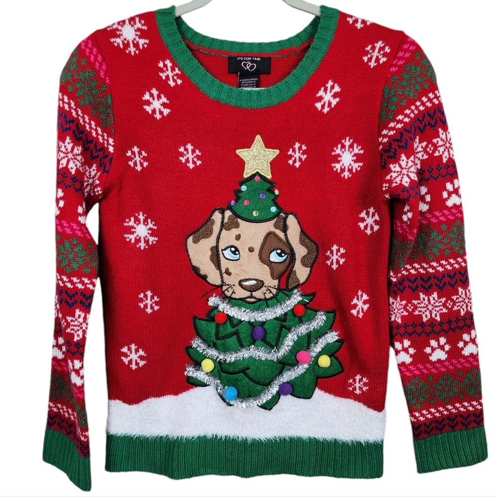 Cute Ugly Christmas Sweater UCS Puppy Dog Tree Pom Pom Ribbed Knit Kids Large
